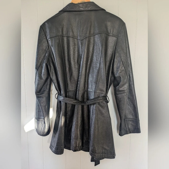 Colebrook Black Leather Belted Jacket XL Long Cinched Waist Coat Vintage Style - Picture 6 of 7